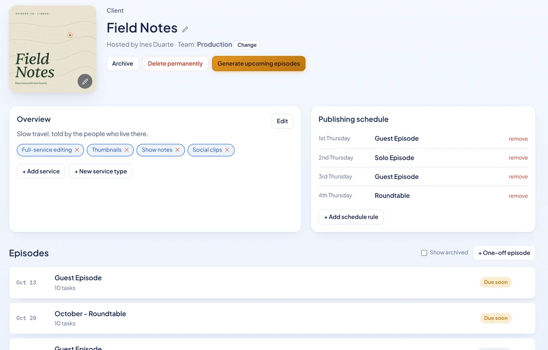 A client's publishing schedule in Blue Kite Ops, with the Generate upcoming episodes button and the episodes it created